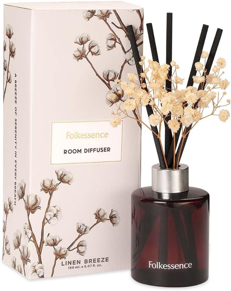 Folkulture Reed Diffusers for Decorations | Scent for Home with 5 Diffuser Sticks | Bathroom Decor Set and Dresser Decor for Homes | Aroma Diffuser Gifts for her | Linen Breeze (5.07 fl oz)