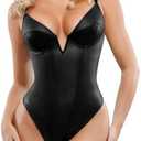 Popilush Body Suits for Womens Tummy Control - Faux Leather Bodysuit Deep V Neck Thong Sleeveless Corset Tank Top, Large