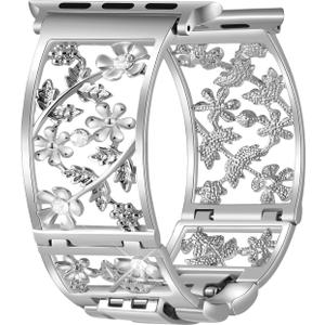 Floral Band Compatible with Apple Watch Jewelry Band 42mm 44mm 45mm 46mm 49mm iWatch Series 11 10 9 8 7,Bling Crystal Bracelet Hollow Metal Strap,Fashion Women Wristband(42/44/45/46/49mm,Silver)