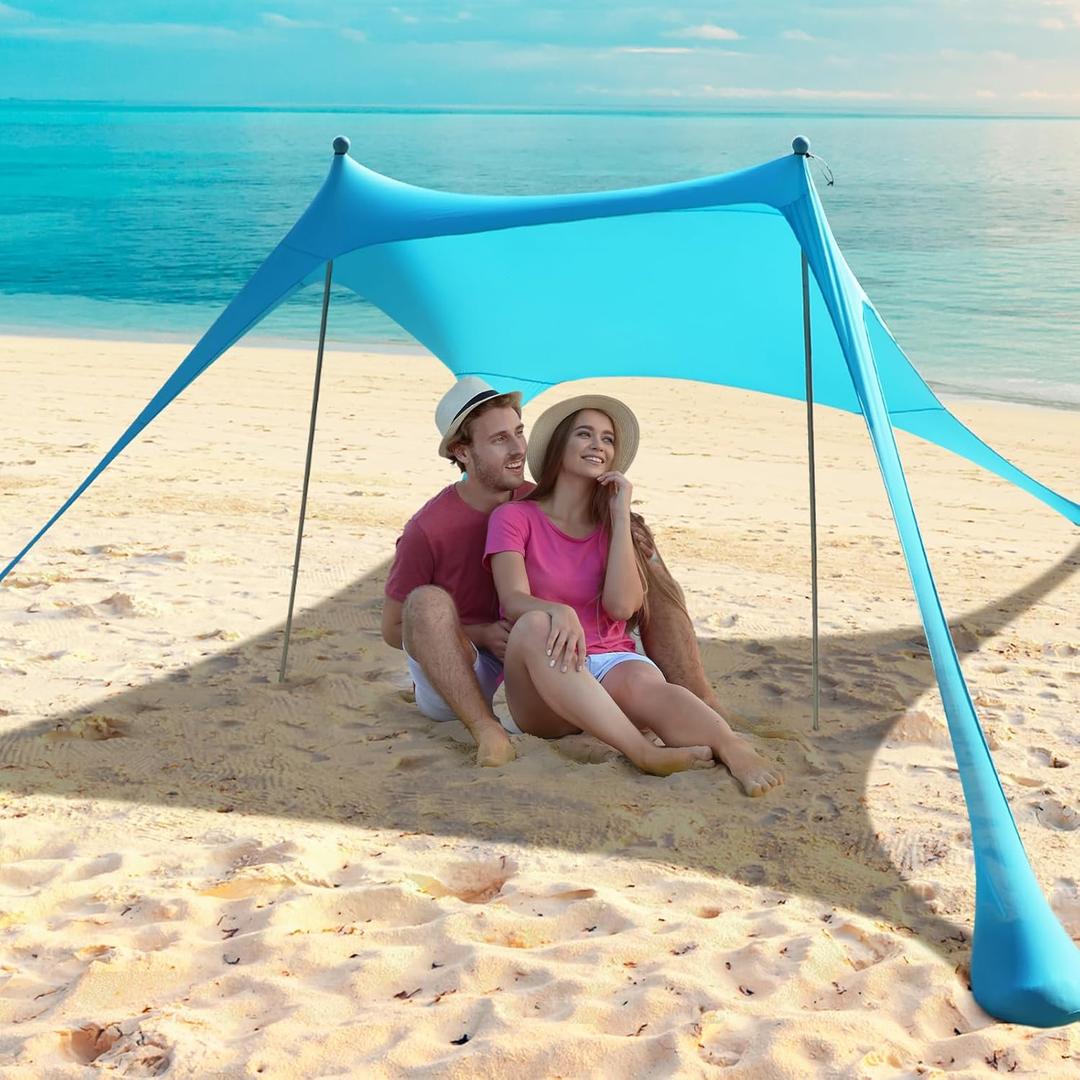 Beach Tent - Beach Shade UPF 50+ UV Protection, 9.8 x 6.5 FT, Anti-Wind Beach Canopy with 2 Poles, 2 Windproof Ropes, 1 Portable Bag, Beach Tent Sun Shelter Perfect for Picnics, Outdoors - Turquoise