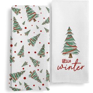 Qeheb Hello Winter Christmas Tree Kitchen Towels Set of 2, Christmas Dish Tea Towels for Kitchen, Rustic Winter Xmas Tree Holiday Decorative Hand Towels for Bathroom Decor, 16X24In