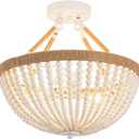 Wood Beaded Mini Chandelier Farmhouse Bohemia Semi Flush Mount Ceiling Light Rustic 3-Light Ceiling Lighting Fixtures for Bedroom Dining Nursery Room Girl Room Hallway, White, Dia 15 Inch