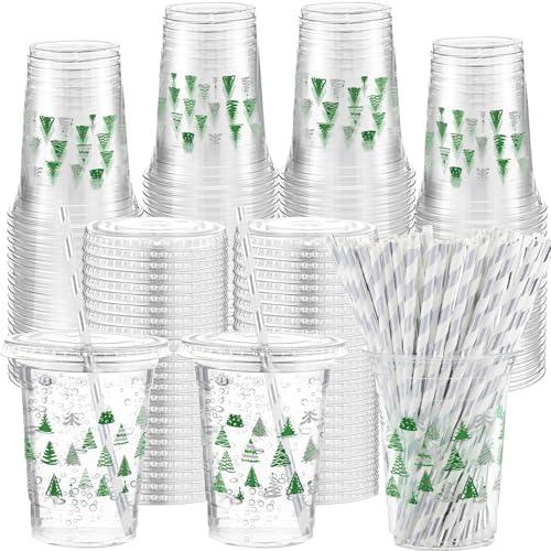 Funnymoom 50 Sets Christmas Disposable Plastic Cups Bulk with Lids Straws 16 oz Silver Green Xmas Tree Plastic Cups Cold Beverage Drinking Container for Xmas Holiday Juice Hot Cold Drinks