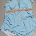 Tempt Me Women One Piece Swimsuit High Neck Plunge Ruched Tummy Control Bathing Suit (Blue, M)