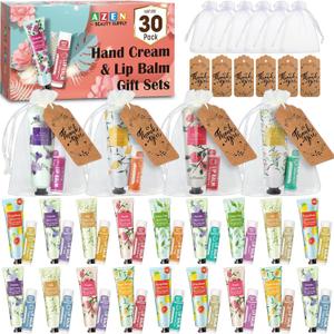 AZEN 30 Sets Bulk Gifts, Hand Cream and Lip Balm Bulk Set with Organza Bag Thank You Card, Baby Shower Wedding Gifts for Guests, Bridal Wedding Favors for Guests,Thank You Gifts for Women