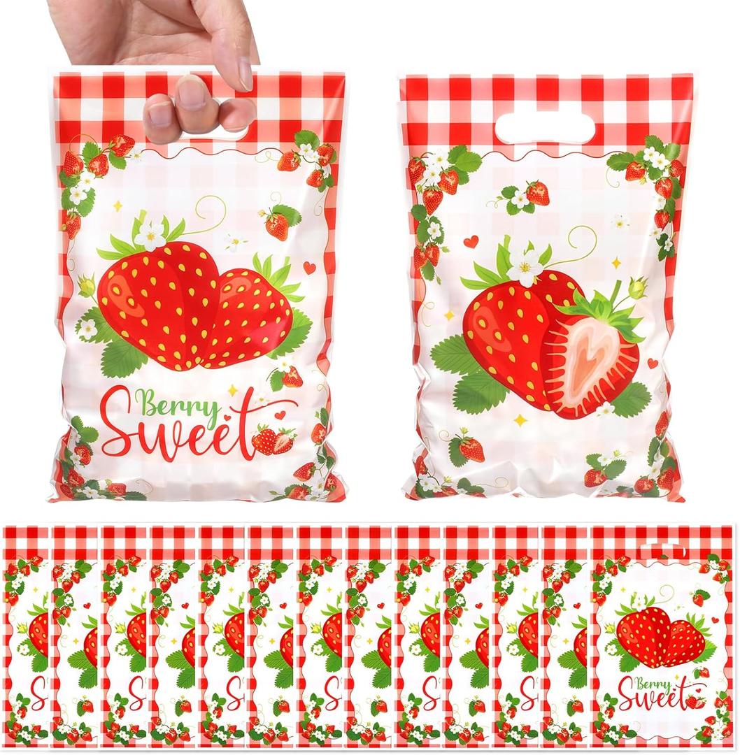 Pineraap 50 Pcs Reusable Red Strawberry Treat Bags - Double-Sided Strawberry Print, Water-Resistant, Self-Seal Plastic Party Favor Bags