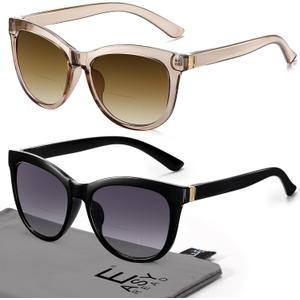 EASY READ Pack of 2 Cateye Bifocal Reading Sunglasses for Women,Fashion Outdoor Sun Readers UV Protection (Black/Brown)