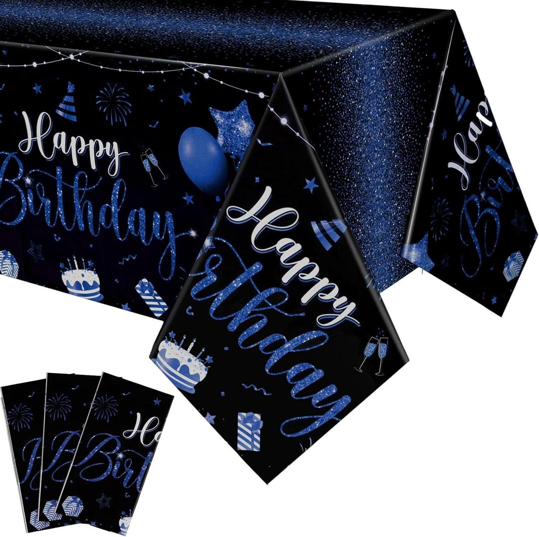 Tudomro 3 Pcs Happy Birthday Tablecloths Happy Birthday Party Decorations Plastic Table Cover Rectangular Cloths for Women Men Baby Shower Party Supplies, 108 x 54 Inch (Black Blue)