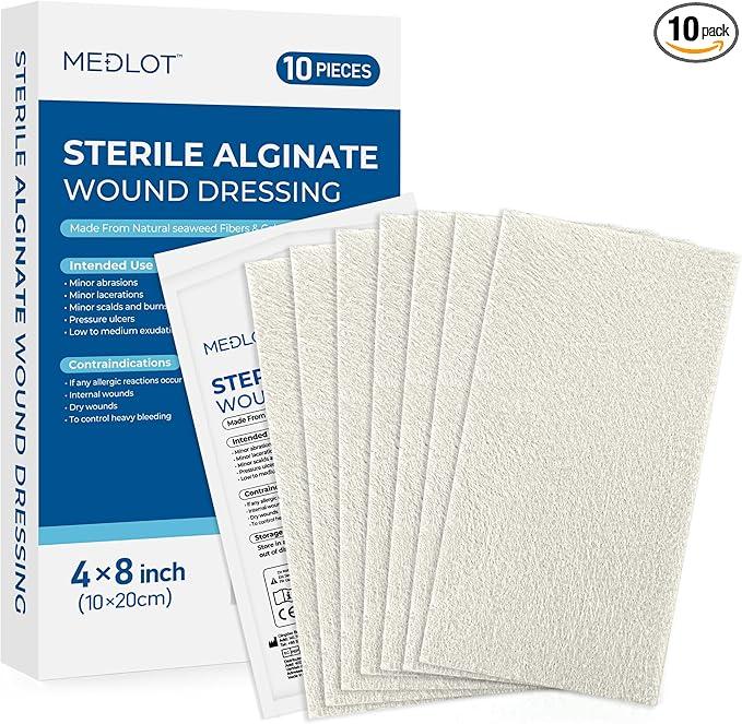 LotFancy Calcium Alginate Wound Dressing, 4”x8” Patches, 10 Count, Sterile Non-Stick Padding, Highly Absorbent Wound Dressings Pads for Emergency Care, Fast Healing