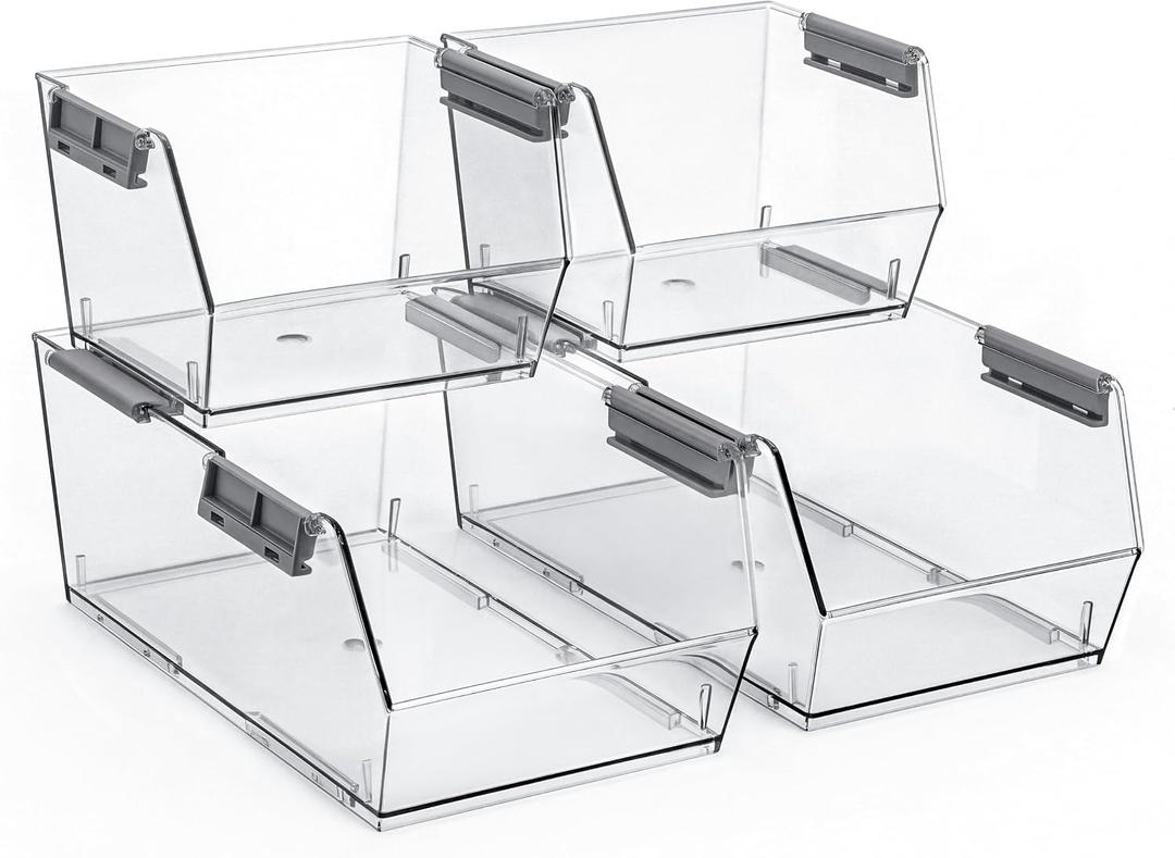 HOMESTEAD Set of 4 Stackable Storage Bins, 2 Large + 2 Small Clear Plastic Organizer Bins, Open Front Design for Kitchen Pantry, Fridge, Cabinet, Bathroom Organization and Snack Storage