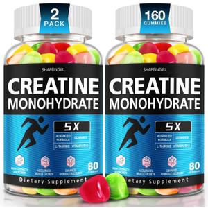 2 x Creatine Monohydrate Gummies - Clean Creatine for Women Men for Muscle Strength, Improving Endurance & Post Workout Recovery - Creatine Supplement Mixed Fruit Flavors (160 Gummies) (EXP 03/18/27)