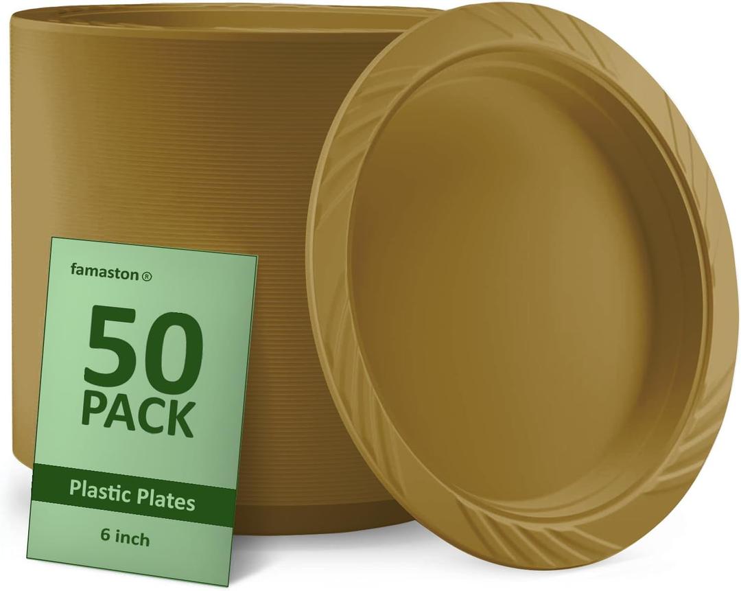 50 Count 6" Gold Plastic Plates Disposable Heavy Duty for Weddings, Parties, and Outdoor Events  Big Round Dinnerware Set for Full Meals, Picnics, BBQ, Office, Kids Birthday  Bulk 6 Inch Plates
