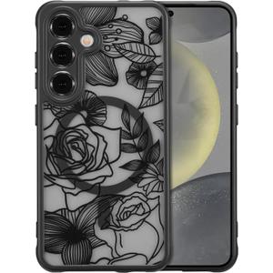 XIZYO Magnetic Case for Samsung Galaxy S24 Floral Rose Cute [Compatible with Magsafe] for Women Girls Aesthetic Pattern Slim TPU Shockproof Bumper Cover, Black