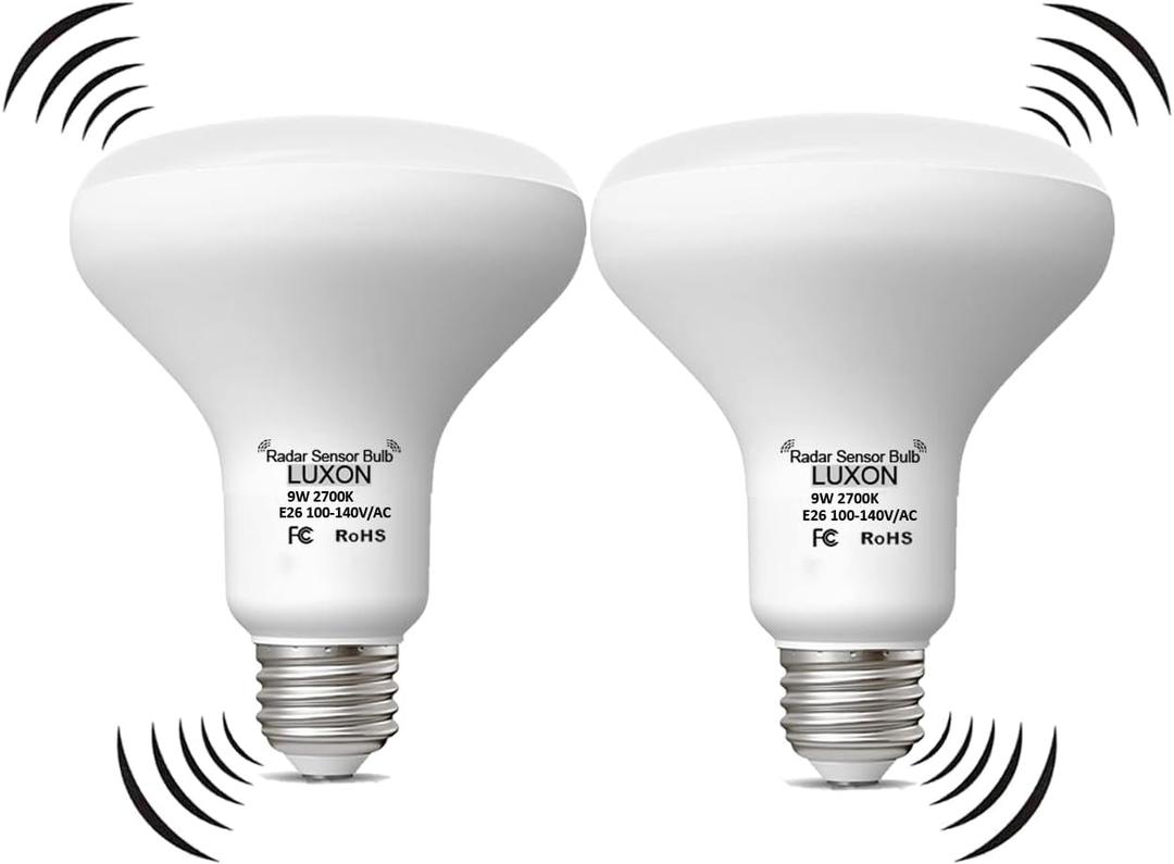 LUXON 9W BR25 Radar Motion Sensor Light Bulbs, Detector Dusk to Dawn 90W Equivalent,Smart Led Lamp Lighting,Indoor Outdoor Auto On/Off E26 Base Soft White 2700K