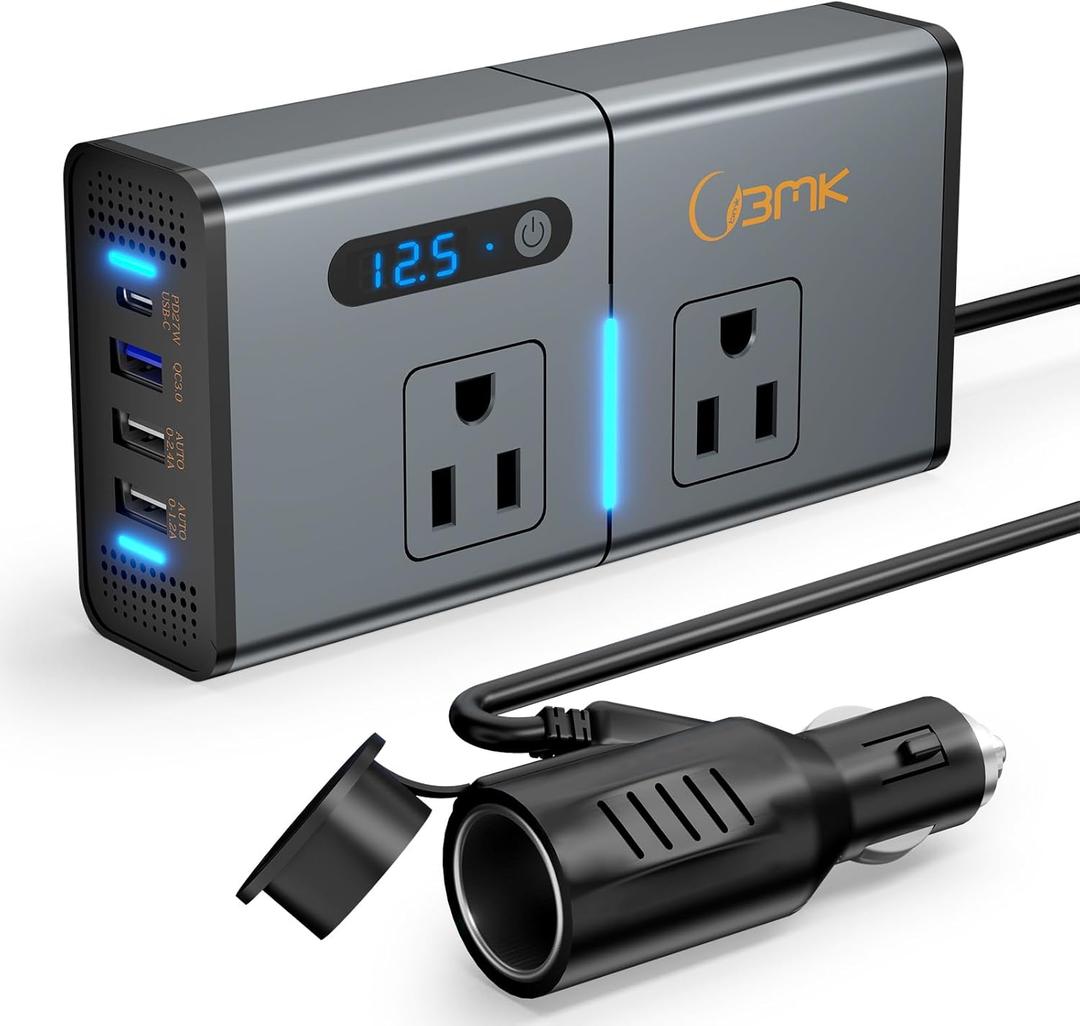 200W 7-in-1 Car Power Inverter DC 12V to 110V AC with PD 27W USB-C & QC 3.0, Dual AC Outlet Car Plug Adapter for Vehicles, LED Voltage Display, Quiet Cooling Fan for Laptop CPAP Road Trip Camping