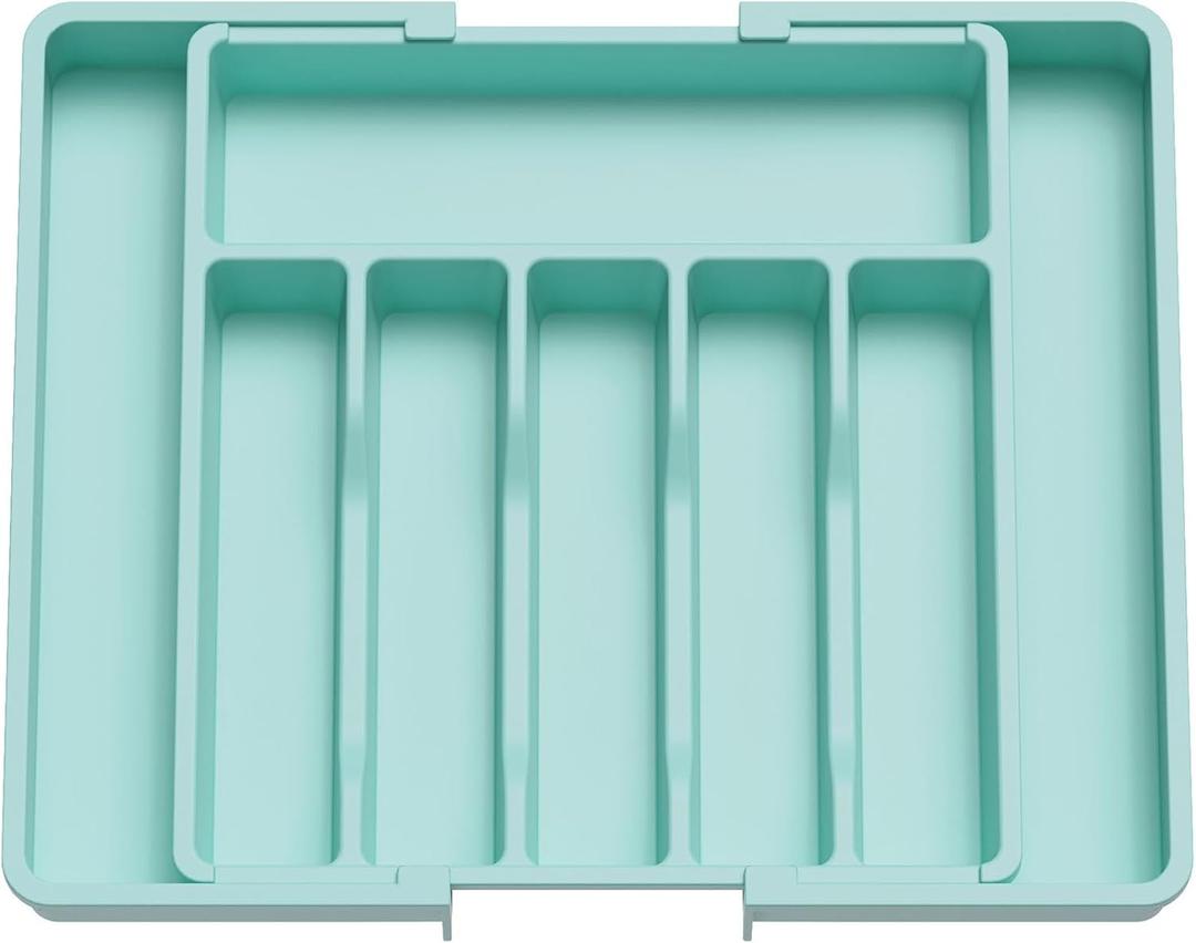 Lifewit Silverware Drawer Organizer, Expandable Utensil Tray for Kitchen, BPA Free Flatware and Cutlery Holder, Adjustable Plastic Storage for Spoons Forks Knives, Large, Turquoise (XL(13-22''W x 15"D))