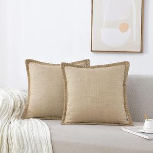 Set of 2 Farmhouse Throw Pillow Covers - Burlap Linen Trimmed Tailored Edges Decorative Cushion Covers for Bed Home Outdoor Decoration (2 Pieces, 18" x18", Beige Brown/Linen Band)