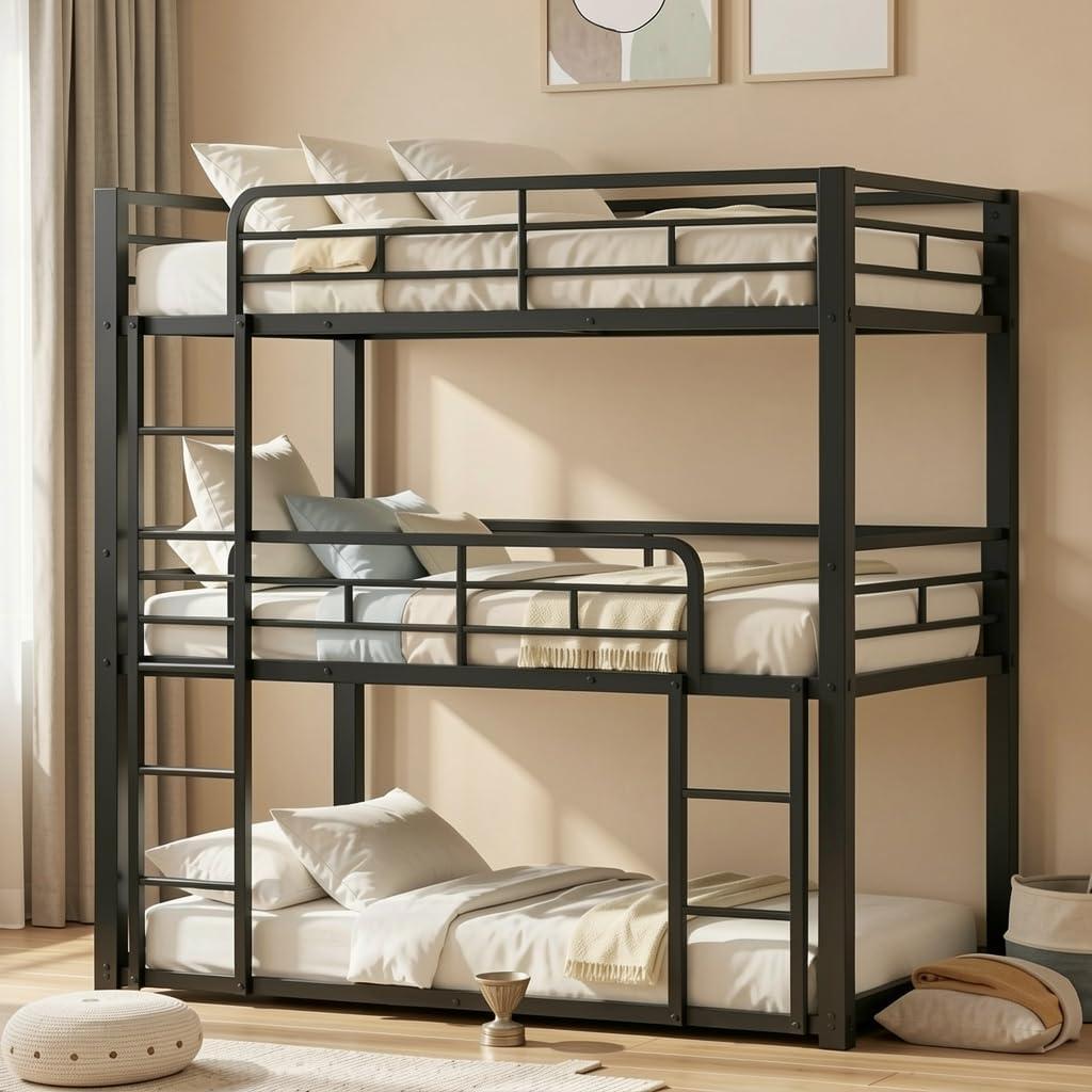 Metal Triple Bunk Bed, Twin Over Twin Over Twin Heavy Duty Bunkbeds, Full-Length Guardrail Family-Friendly for All Ages, Bedroom, No Box Spring Needed, Easy Assembly, Black