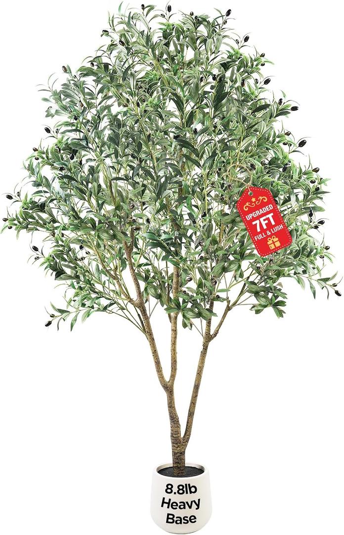Large Olive Trees Artificial Indoor 7FT, Upgraded Faux Olive Tree with Realistic Leaves and Fruits, Heavy Base, Modern Fake Faux Plants for Home/Office Decor Gifts