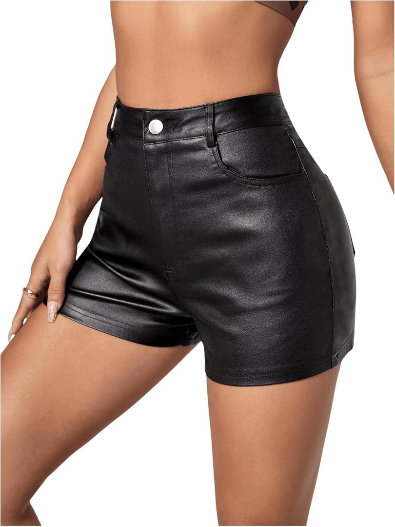 MakeMeChic Women's Faux Leather High Waist Stretchy Shorts Skinny Bodycon Bottom (Medium, Black)