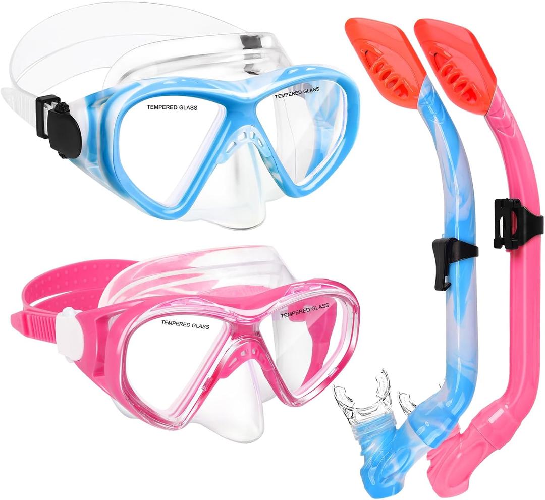 2 Sets Snorkeling Gear for Kids, Kids Snorkel Set for Ages 6-14, Dry Top Snorkel Mask Set for Youth Boys Girls Junior, Tempered Glass Diving Swimming Mask Goggles (Z-2Set(Blue blue+Pink)