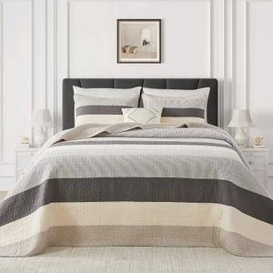 FineStichery Oversized King Quilt Bedspread Coverlet 128x120, 100% Cotton California King Quilt with Pillow Shams, Soft Yarn Dyed Striped Bedding Set, Color: Gray/White/Oatmeal Gray
