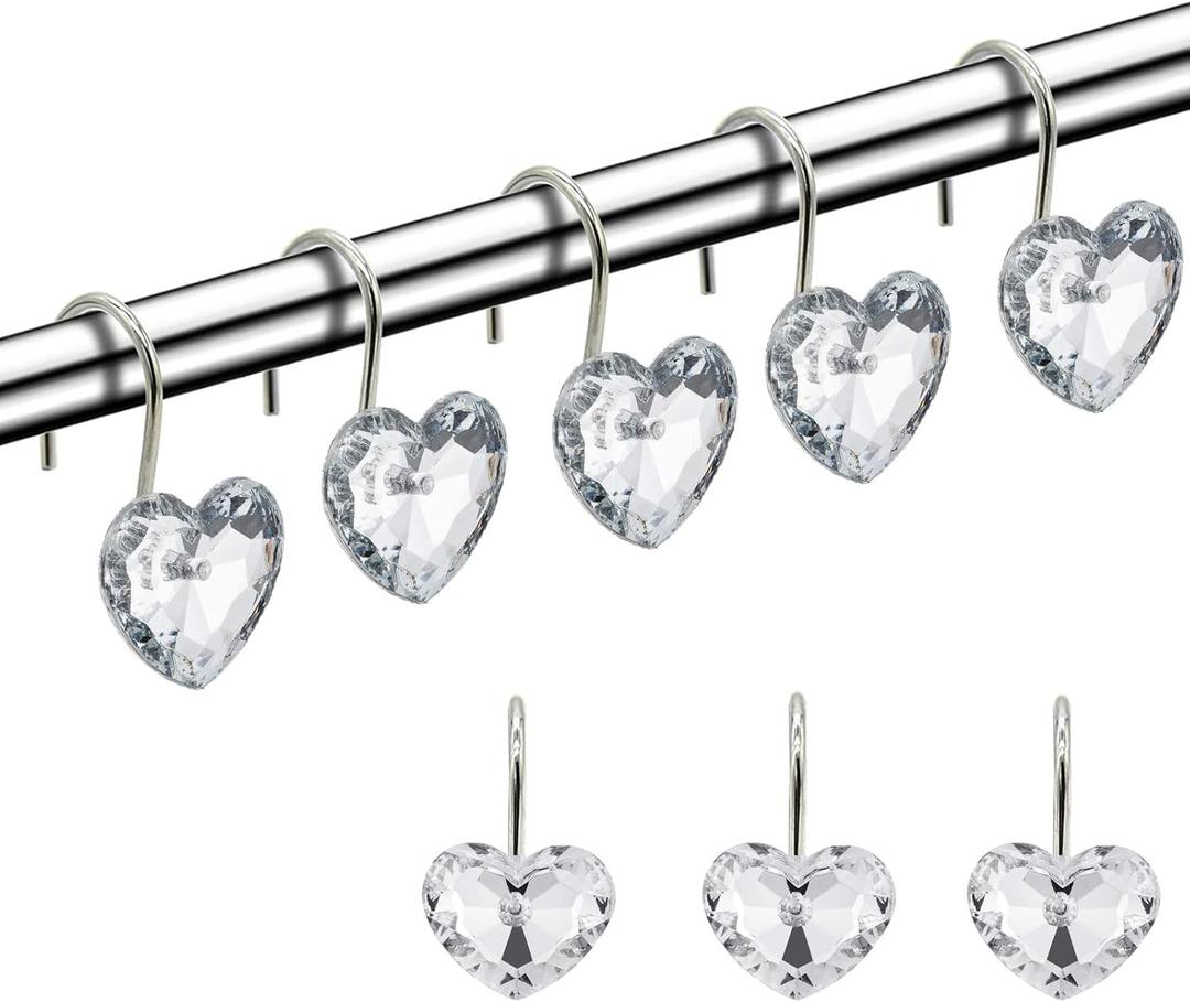 Actpe Decorative Crystal Heart Shape Shower Curtain Hooks Rust Resistant Hooks Glide Shower Ring Hangs Holder Bling for Bathroom, Pack of 12