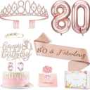 80th Birthday Gifts Decorations for Women, Including 80 year old Birthday Cake Topper, Queen Sash with Pearl Pin, Sweet Rhinestone Tiara Crown, Number Candles and Balloons Set, Rose Gold
