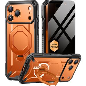 TONGATE for iPhone 17 Pro Max Case with 360 Spin Magnetic Stand, [Compatible with MagSafe][Military-Grade Protection] with Privacy Screen Protector & Camera Control Cover for iPhone 17 ProMax,Orange