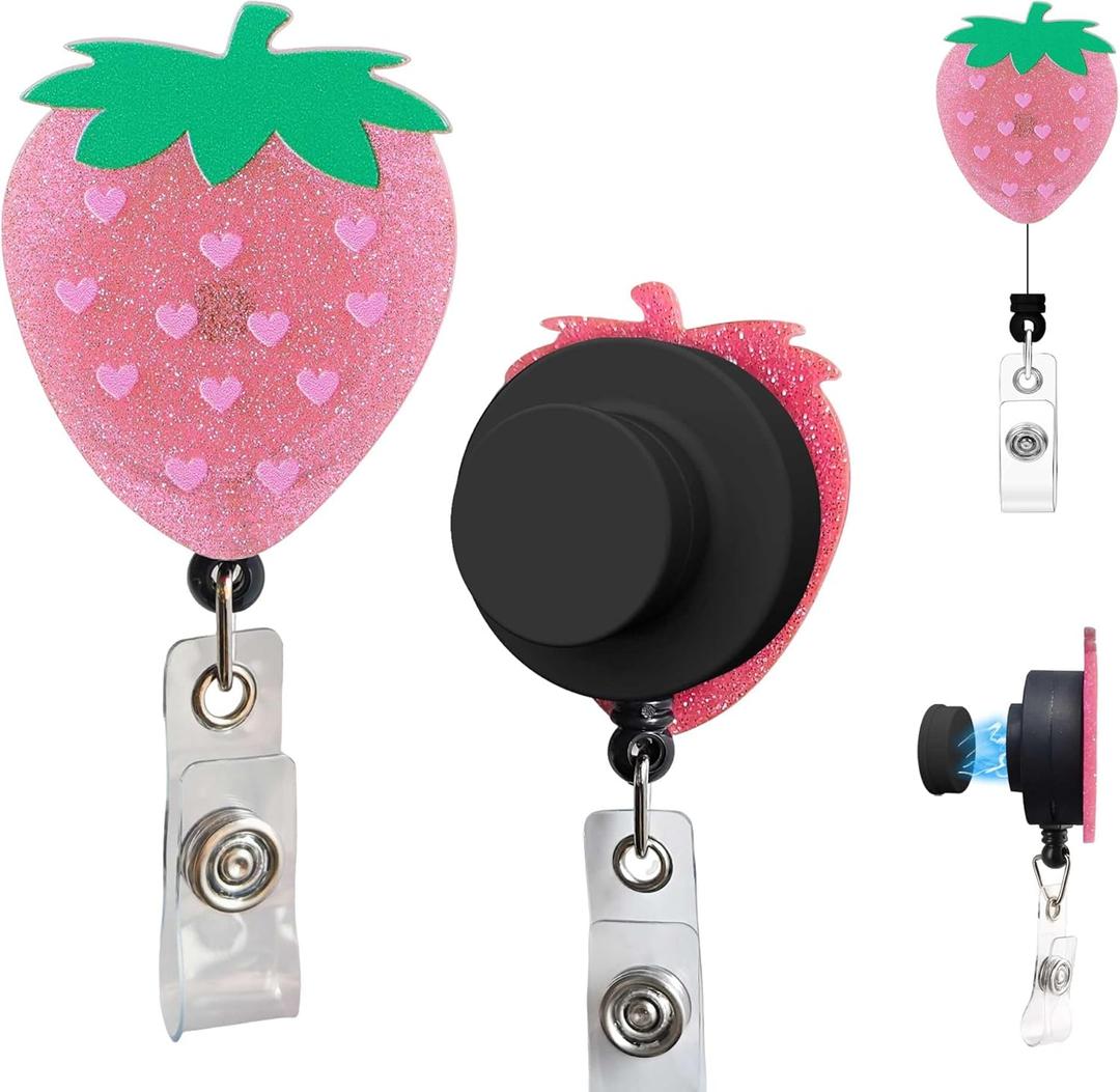 2 x Magnetic Badge Holder with Strong Magnet Back, Pink Strawberry Retractable Badge Reel, ID Card Clip for Nurses, Teachers, Office Professionals