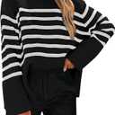 KIRUNDO Women's Striped Knit Oversized Fall Sweaters 2025 Trendy Clothes Crewneck Winter Pullover Sweater Side Split Size S