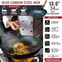 YOSUKATA 13.5 Blue Carbon Steel Wok Pan Pre-Seasoned Flat Bottom Wok Compatible with open fire, gas, electric, ceramic, induction cooktops -Traditional Chinese Pan for Stir Fry, BBQ, Grill, Camping
