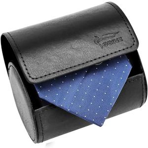 Leather Tie Case Box Organizer for Men's Necktie and Bow Tie Storage Travel Gift Box (round button, Black, 4.3" x 3.3" x 3.3")