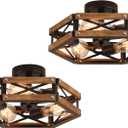 2 Pack 3-Light Rustic Farmhouse Wood Flush Mount Ceiling Light Fixture Oak Wood and Metal Cage Semi Flush Mount Ceiling Light for Hallway Hall Entry Bedroom Kitchen Farmhouse, Black