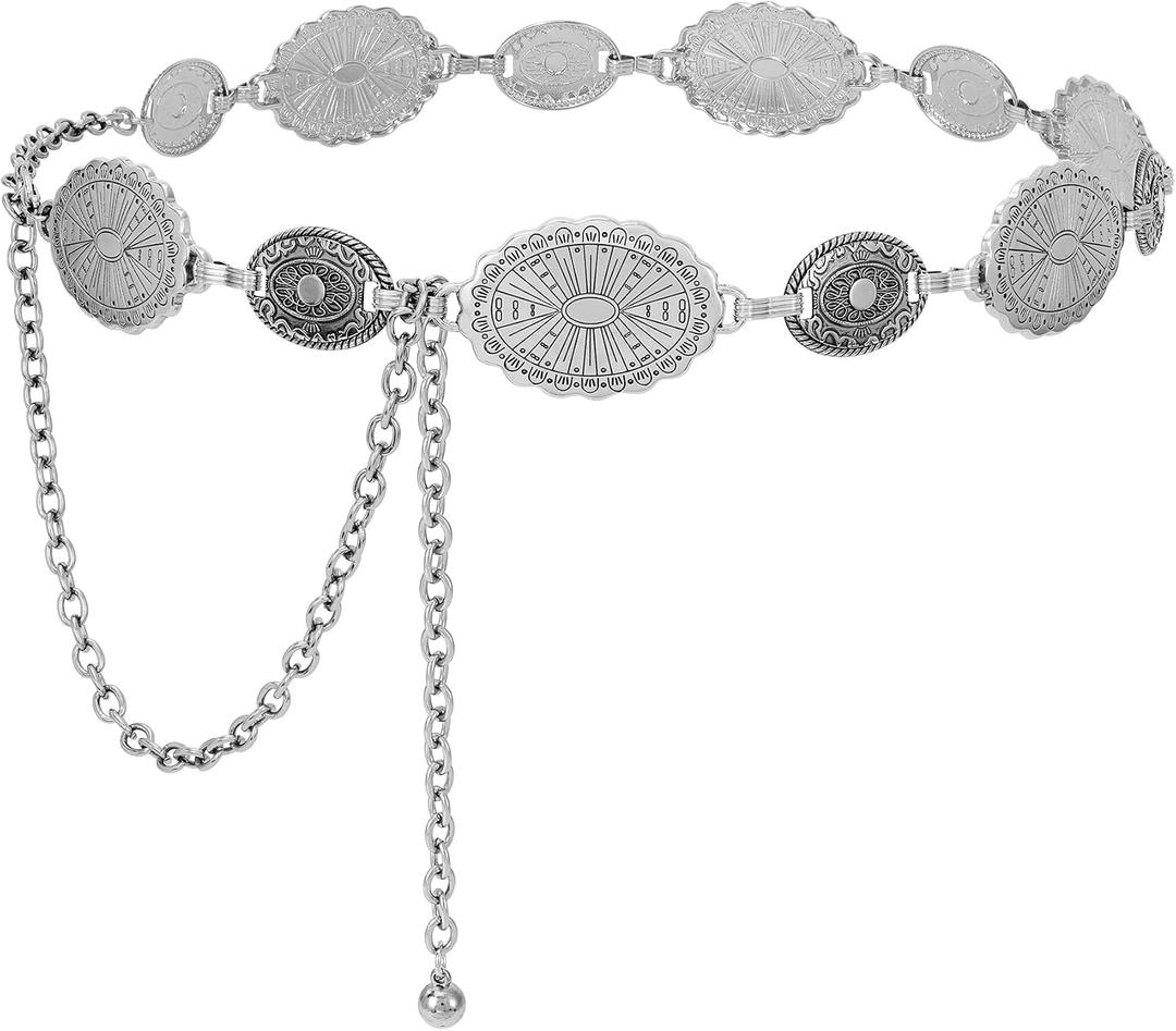 XZQTIVE Western Concho Belt for Women Silver Gold Metal Cowgirl Country Rodeo Turquoise Chain Belt for Dresses Jeans