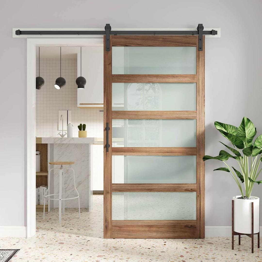 FREDBECK 42 x 84 inch Glass Barn Door with 7FT Barn Door Hardware Kit & Handle Included,5-Panel Frosted Glass,Wood Panel, Water-Proof Surface,Pre-Drilled Holes,Need Assembly