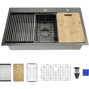 33x19 Black Kitchen Sink Drop In - 33 Inch Drop In Kitchen Sink Workstation, Black Stainless Steel Sinks, 16 Gauge Single Bowl Top Mount Workstation Sinks by Delironexu with 6 Accessories