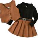 HINTINA Toddler Little Girl Sleeveless Button Vest Ribbed Long Sleeve Collar Top And Pleated Skirt With Belt (4-5T, Brown)