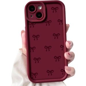 NITITOP Compatible with iPhone 14 Plus Case Cute Stylish Bow Knot Ribbon Design for Women Girls Artistic Bowknot Soft TPU Shockproof Protective Full Camera Protection Cover - Wine Red