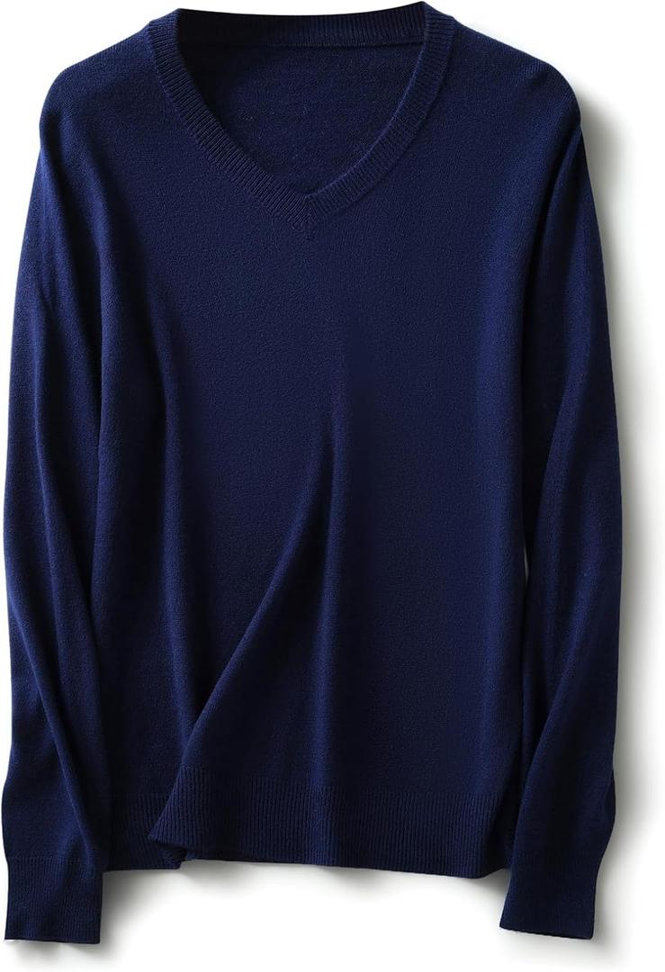 Women's Merino Wool Blend Sweater Fall Winter V Neck Long Sleeve First-Line Ready to Wear Seamless Knit Sweater (Blue)
