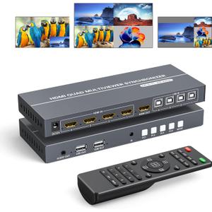 4 Port HDMI KVM with Multi-Viewer, 4x1 Quad Multiviewer Seamless Switcher, Support 4K@30Hz, PIP & POP, Keyboard Hotkey Switch, 3.5mm Audio Output