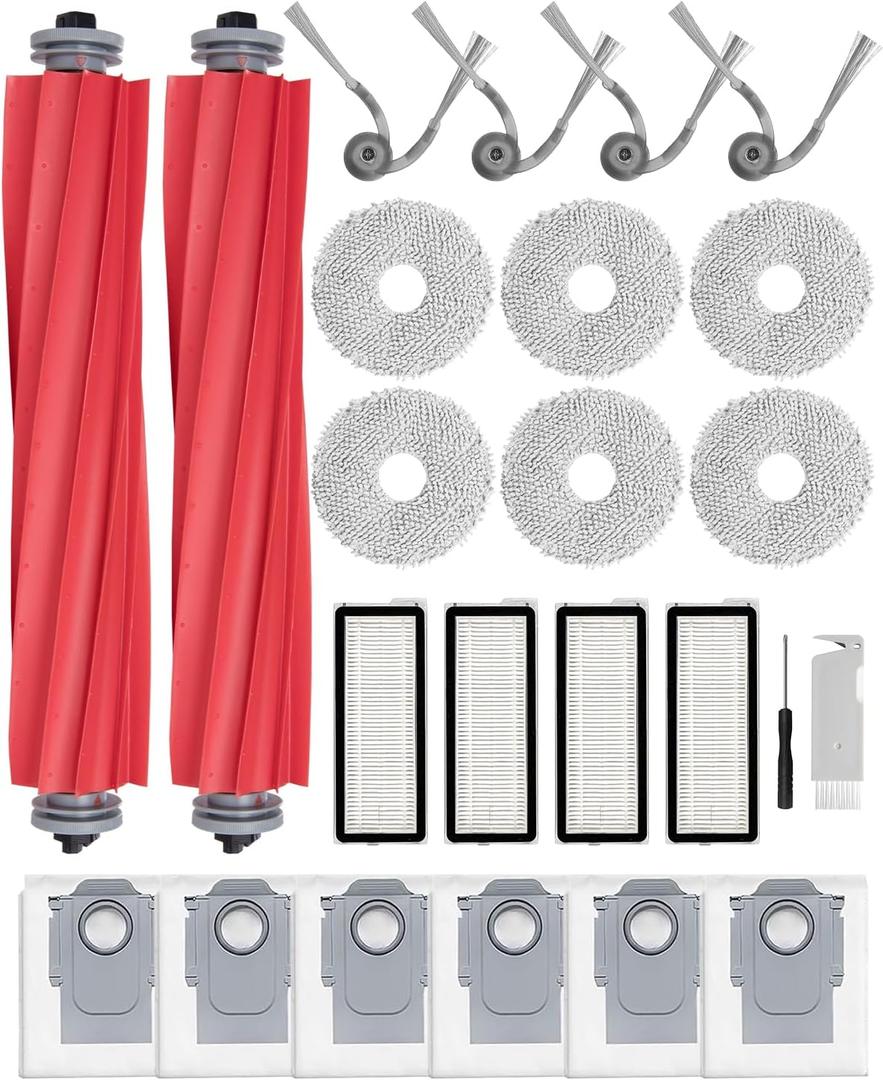 24Pack Accessories Replacement Kit For Roborock QV 35A 35S Robot Vacuum  QV 35A Replacement Parts Includes 2Main Brush,4Side Brushes,6Mop Pads,4HEPA Filter,6Dust Bags,1Cleaning Brush,1Screwdriver
