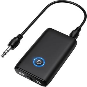 Bluetooth Transmitter Receiver 2 in 1, Aux Bluetooth Adapter for Car, 3.5mm Wireless Audio Adapter Home Audio System Headphones Airplane Speaker (RX+TX, Black)