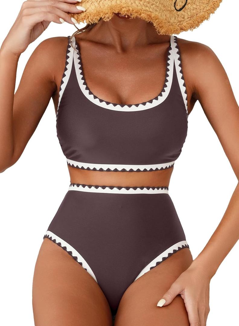 Herseas Women's Bikini Sets Floral Print Whip Stitch 2 Piece Swimsuits High Waisted Scoop Bathing Suits S