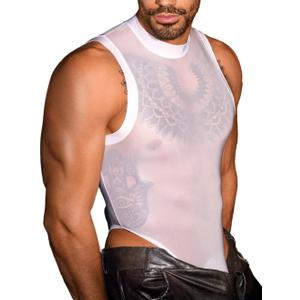 EHSUYAB Sexy Glossy Mens Lingerie Sheer, Snap Crotch Thong Leotard High Cut Muscle Suit, Mesh Rave Bodysuit Top Club Outfits (White) One Size