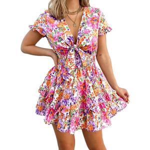 PRETTYGARDEN Women Summer Mini Short Dress 2025 Short Sleeve Casual Beach Vacation Sundress V Neck Tiered Sun Dresses (Medium, Floral White)