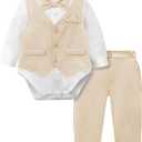 A&J DESIGN Baby Boy Suits Clothes Infant Toddler Formal Gentleman Outfits, Dress Shirt + Vest + Bow Tie + Pants Wedding Set (6-9 Months, Beige)