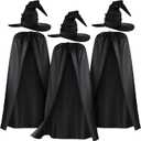 Coume 3 Pcs Halloween Witch Hat Black Large Ruched Witch Hat and 3 Pcs Witches Cape Black Cosplay Cloak Women Costume Accessory for Halloween Cosplay Carnival Party