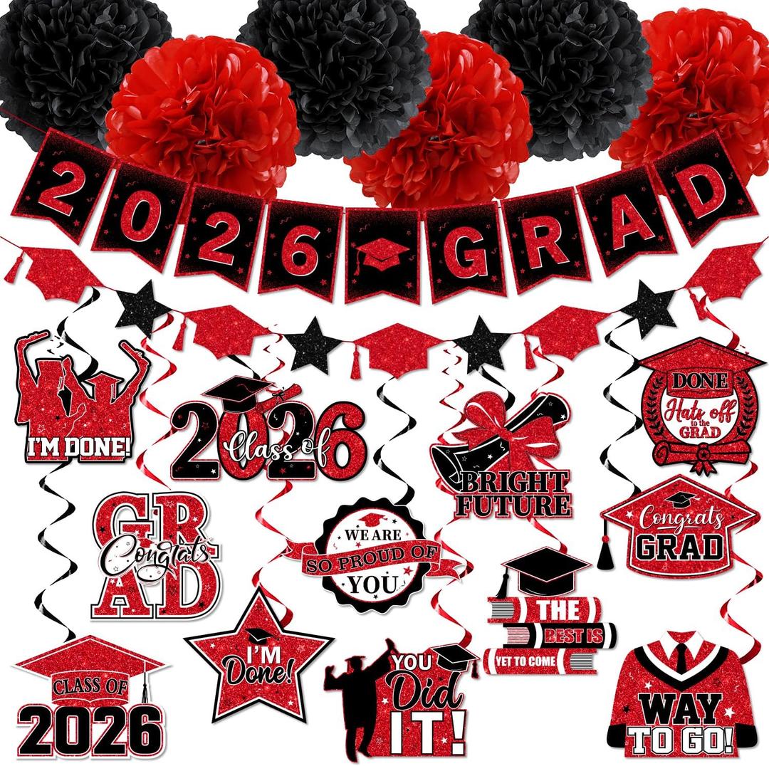 Graduation Decorations 2026
Red and Black Congrats Grad Banner - Red Graduation Banner Class of 2026 , 4 pack