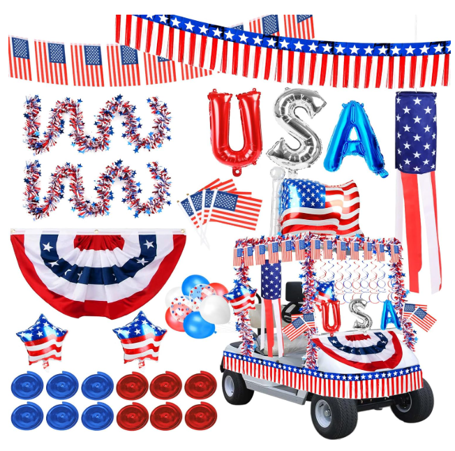 Moucuny 25 Pcs 4th of July Car Parade Decorations Kit Metal Wire Garland Fringe Garlands American Flags Fan Shaped Hanging Flag Banner Bows and USA Tinsel Wreath for Independence Day Car Parade